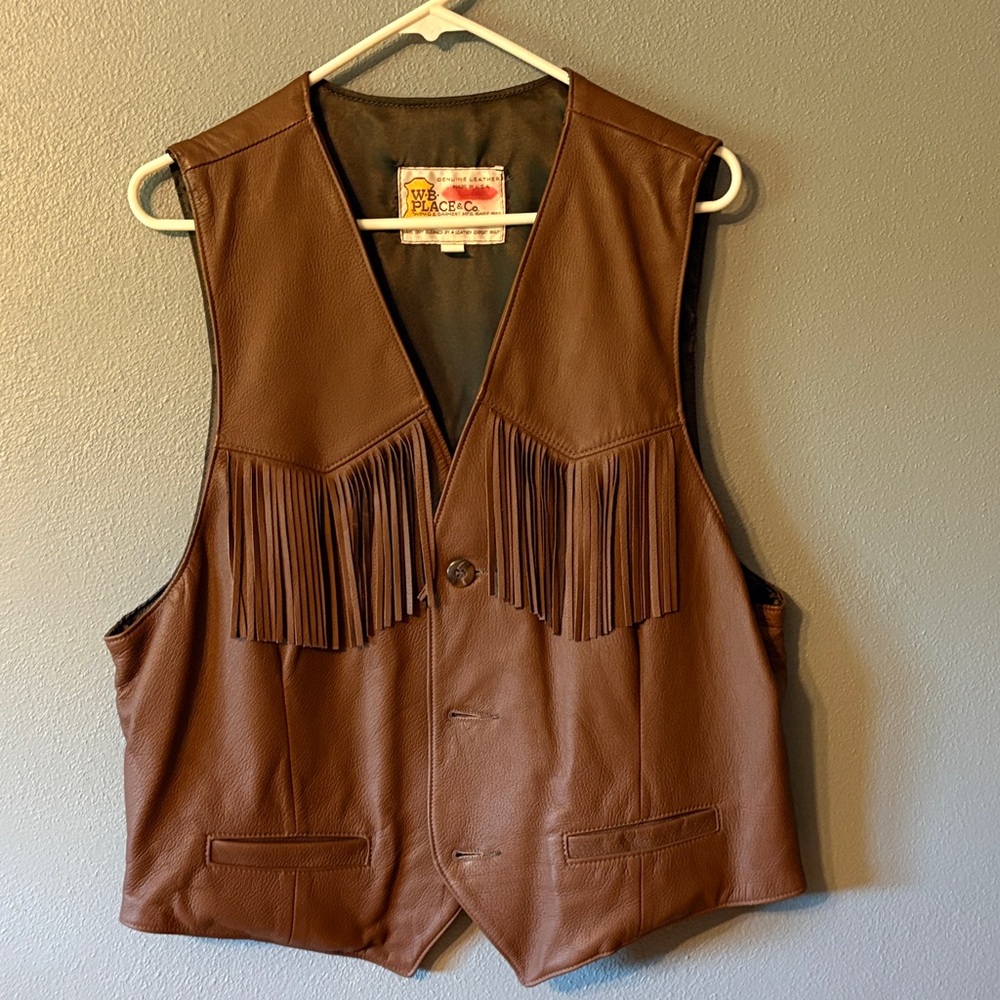 Vintage USA made Brown Leather Fringe Vest